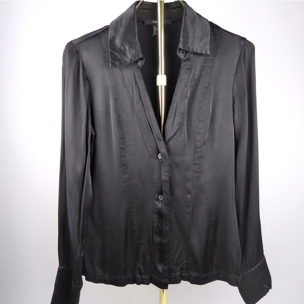 Forever 21 Women Small Black Satin Button Front Long Sleeve Blouse Top